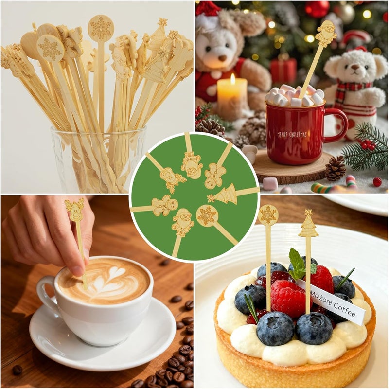 BOKFJBP 50PCS Bamboo Coffee Stirrers, 7inch Christmas Biodegradable Disposable Stir Sticks Coffee Drink Cocktail Stirrers for Christmas Winter Office Home Coffee Milk Hot Chocolate Bar Supplies - Image 3
